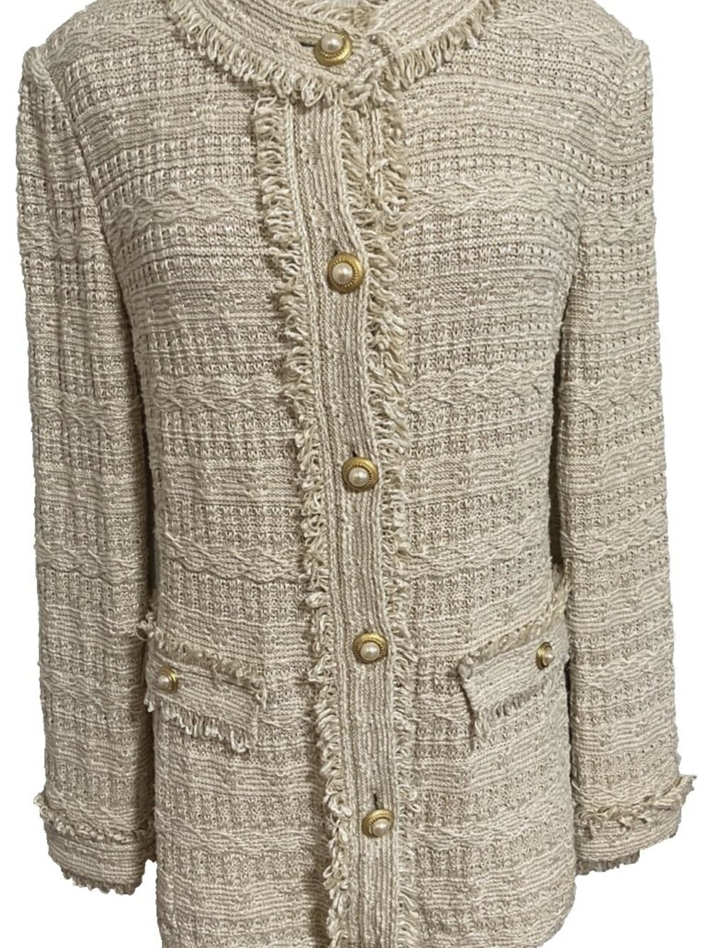 St. John Beige Textured Knit Fringe Cardigan Jacket